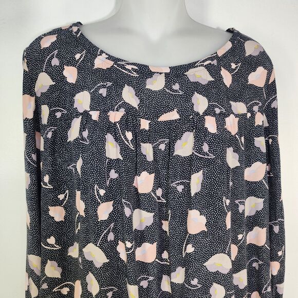 Ann Taylor Loft Blouse Large Floral Dot Black Pink Rayon Pullover Long Sleeve - Picture 3 of 10